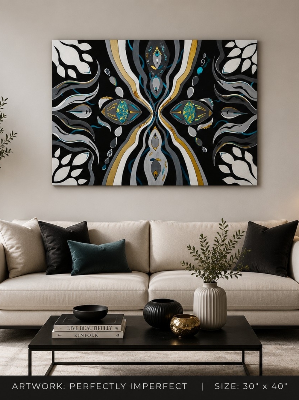 Abstract Symmetry Wall Art Canvas - Black, Gold, Teal